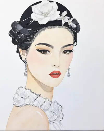 Make Up Hương Chanel 2,fashion illustration,geisha girl,watercolor women accessory,geisha,chinese art,photo painting,watercolor painting,bridal accessory,debutante,oriental princess,oriental painting,