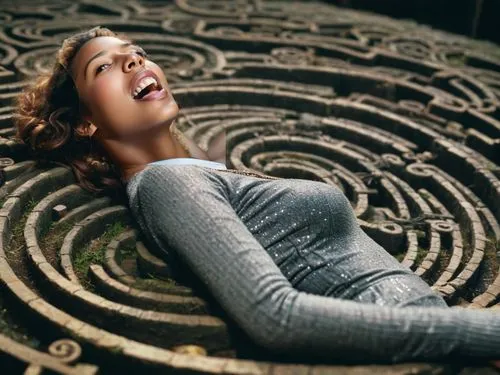 Reminiscencias de un ayer que jamás volverá, sueños perdidos en el laberinto de las ilusiones ,a woman lies down in an maze while playing,meditator,self hypnosis,labyrinths,padmasana,surya namaste,pra