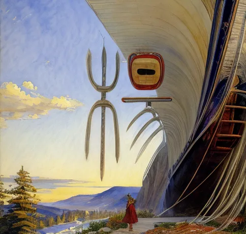 dali,el salvador dali,gondola,ancient harp,indigenous painting,surrealism,panoramical,travel poster,totem,brauseufo,pinocchio,airship,ship of the line,longship,harp player,ufos,diving gondola,pilgrim,anasazi,excavator,Calligraphy,Painting,Oil Painting At Sea