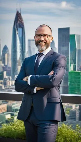 Middle-aged man, suit, glasses, short brown hair, beard, smiling, confident pose, standing in front of a city skyline model, hands behind back, skyscraper, modern architecture, glass and steel structu