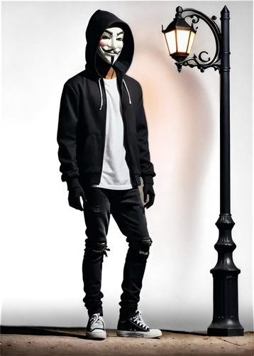 Anonymous figure, mysterious, hoodie, plain white mask, dark grey jacket, ripped jeans, black sneakers, urban setting, evening atmosphere, streetlamp lighting, 3/4 composition, shallow depth of field,