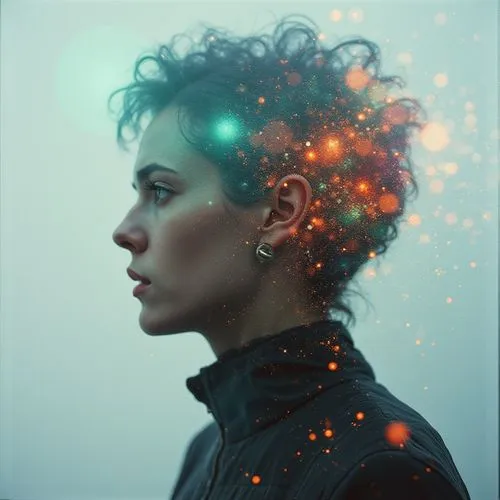 double exposure: futuristic cyberpunk neuromancer world with the dreamlike surreal imagery of a neuromancer crazy 
schizophrenic mindscape ,the woman has many glowing objects in her hair,electropop,gr