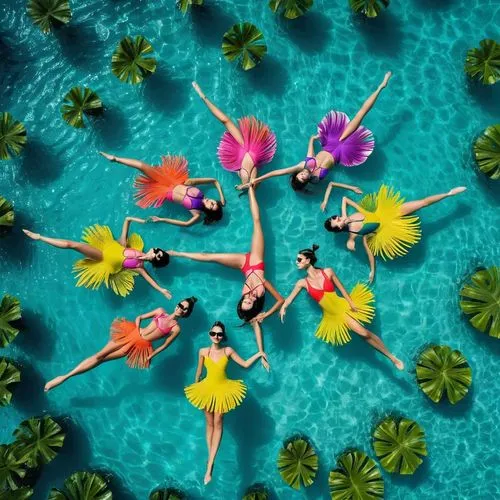 Imagine a vibrant tropical paradise where a group of water ballet team flaunt their stylish micro bikinis.,synchronized swimming,kawaii people swimming,island group,hula,flamingos,summer beach umbrell