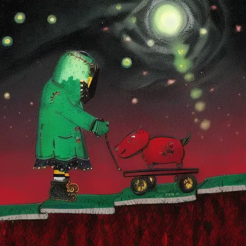 horror, backlit, Starry Night, black, red yellow green blue, splatter,stroller,sleigh ride,santa sleigh,santa and girl,santa claus,christmas scene,christmas sled,christmas manger,book illustration,mod