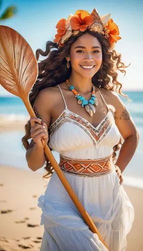 Moana, Polynesian princess, standing, confident posture, curly brown hair, flower crown, bright smile, shiny eyes, bronze skin tone, tribal tattoos on arms and legs, flowing white and orange island dr