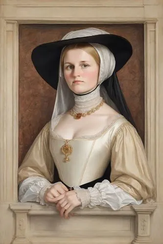 Portrait of a Woman, Elizabeth Cheyne, Lady Vaux (1505-1556) inspired by Hans Holbein the Elder, in elegant Tudor clothing, arge medieval women's dark hat hanging from behind, with a tight-fitting nar