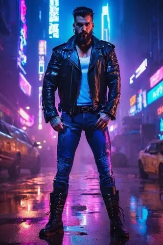 Reddit Draven, muscular man, 25yo, rugged beard, messy brown hair, piercing blue eyes, tattoos on arms, black leather jacket, white shirt, dark jeans, boots, standing, city street, night time, neon li