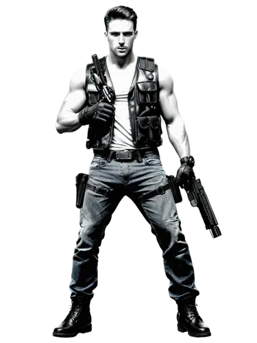 terminator,man holding gun and light,bsaa,wesker,guile,herminator,axton,vaas,3d figure,punisher,action hero,actionfigure,vaan,terminate,schwarzenegger,ferrigno,macmanus,plissken,action figure,jcvd,Illustration,Black and White,Black and White 30