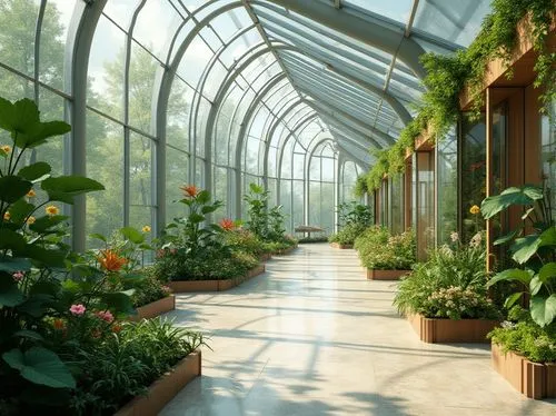 Sustainable design, futuristic greenhouse, modern architecture, curved lines, transparent glass walls, lush greenery, natural lighting, wooden accents, recycling symbol, eco-friendly materials, solar 