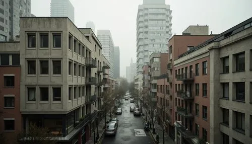 Rugged concrete buildings, fortress-like structures, brutalist fa\u00e7ades, angular lines, raw industrial materials, urban cityscape, dense metropolitan area, busy streets, modern skyscrapers, abstra