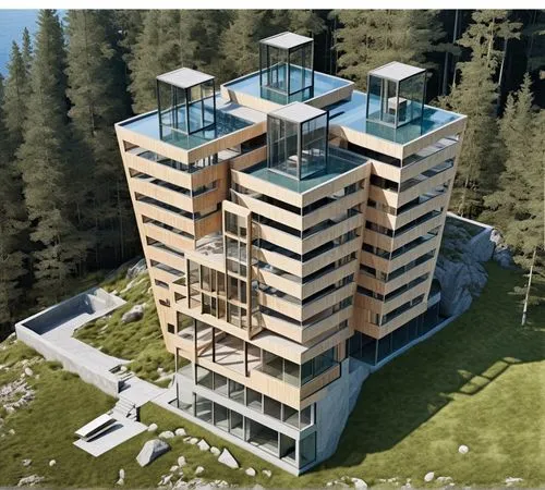 a large modern building with glass windows is on the top of a hill,aprica,residential tower,kopaonik,nendaz,multistorey,avoriaz,smolyan,leogang,escala,appartment building,galesi,condominia,revit,moder