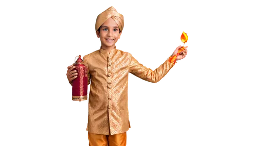 Indian boy, 8-10 years old, traditional clothing, kurta pyjama, bright colored turban, big brown eyes, dark hair, smiling face, holding Diwali lantern, standing in lotus position, warm sunlight, soft 