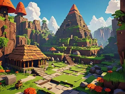 ancient city,mountain settlement,mountain world,mushroom landscape,low poly,mushroom island,mountain village,collected game assets,fairy village,ancient buildings,low-poly,pyramids,alpine village,scandia gnomes,citadel,tileable,terracotta,development concept,druid grove,castle iron market,Illustration,Children,Children 02