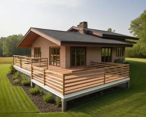 Мodern house surrounded by a forest.
The walls are white. Black roof.,this is an exterior view of the house,wooden decking,golf lawn,wood deck,decking,wooden house,deckhouse,Photography,General,Realis