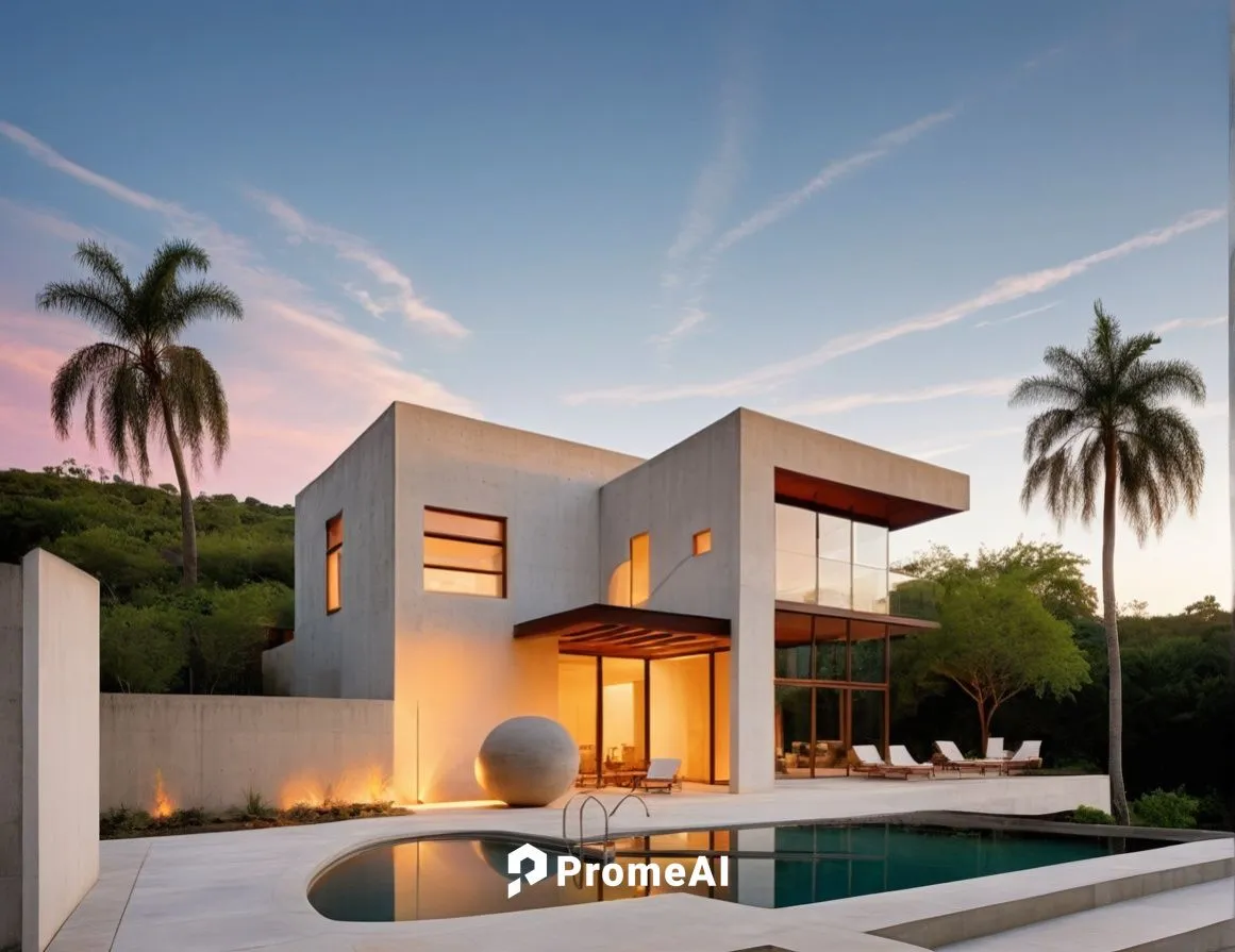 As the sun sets outside, a modern house looms majestically against the backdrop of a mesmerizing array of modern buildings. The walls are adorned with clean lines, while concrete elements add depth an