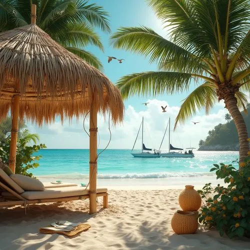 Tropical beach scene, bamboo structure, driftwood accents, woven bamboo furniture, natural textiles, thatched roof, palm trees swaying gently, warm sandy dunes, clear turquoise water, sailboats in the