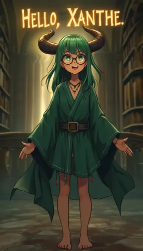 A girl says hello to her friend. Gold lettering above her glows and fades.,schierholtz,xanth,xynthia,librarian,xanthippe,xanthe,schierstein,kaante,schierke,karrie,xhelili,xul,xanthan,aranxta,xiaolu,xe