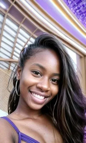 a woman is smiling for the camera wearing a purple top,senegalese,monifa,dibaba,purple background,nomani,bria