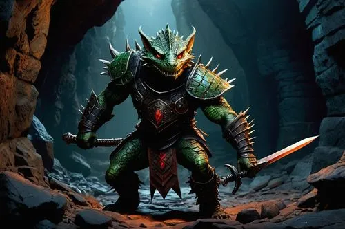 Kobold, reptilian humanoid, green scaly skin, sharp teeth, pointed ears, red eyes, black hair, spiky hairstyle, leather armor, bronze sword, shield with tribal pattern, muscular arms, strong legs, sta