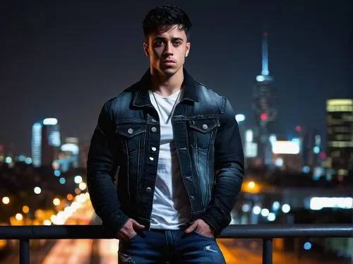 Male, muscular man, 30yo, short black hair, strong facial features, intense eyes, small nose ring, athletic build, Keven Rej style clothing, denim jacket, white tank top, ripped jeans, black boots, co