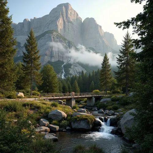 Majestic mountain peaks, rugged terrain, misty atmosphere, lush green forests, vibrant wildflowers, rustic wooden bridges, serene waterfalls, natural stone formations, earthy tones, moss-covered rocks