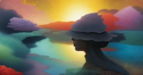 a painting of a woman with a large hat on her head,mushroom landscape,rainbow clouds,dreamscape,dreamscapes,cloud mushroom,fantasy landscape,Illustration,Abstract Fantasy,Abstract Fantasy 20