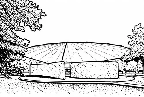 a black and white illustration of an umbrella sitting in the grass,tempodrom,globen,cajundome,musical dome,skydome,fulldome,planetarium,planetariums,etfe,dome,round hut,auditorio,niemeyer,dome roof,as