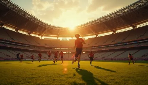 Bronze color, athletic stadium, evening sunlight, warm golden tone, rustic texture, ornate details, majestic structure, grandstand seats, vibrant green grass, athletes running, jumping, playing, dynam