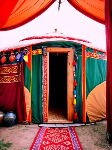 Mongolian yurt, traditional nomadic dwelling, circular structure, fabric-covered walls, colorful patterns, ropes tied around, entrance with curtains, daytime, sunny weather, soft lighting, 3/4 composi