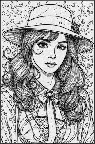 the girl with a big hat on her head,coloring page,coreldraw,dollmaker,comic halftone woman,coloring pages kids,coloring picture,Design Sketch,Design Sketch,Black and white Comic