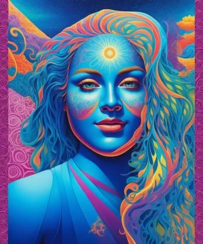 a painting of a person in a blue dress with long blonde hair,yogananda,nitai,matangi,yogananda guru,nakshatras,mahasaya,Illustration,Realistic Fantasy,Realistic Fantasy 39