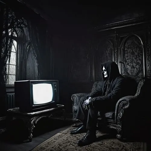 jordison,gothic portrait,dark gothic mood,euronymous,apoptygma,severus,watch tv,vikernes,tv channel,blackmetal,lazaretto,schaft,darklord,vtm,darkplace,television,villainous,squarepusher,tv,dethklok,Illustration,Realistic Fantasy,Realistic Fantasy 46