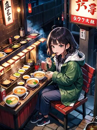 a woman wearing coat and pants, sitting on a chair at a ramen stall, eating ramen, looking at ramen, steam on hot ramen, single ramen stall in rural area, dark surrounding, blushing, happy, night, mas