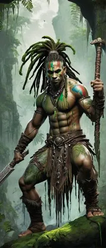 Troll, male, muscular, green skin, dreadlocks, tribal tattoos, fierce eyes, sharp teeth, loincloth, leather armor, wielding a massive club, standing on one leg, leaning forward, jungle environment, mi