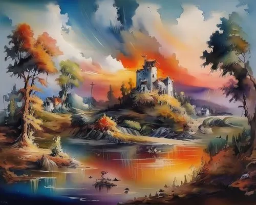 fantasy landscape,ruined castle,an island far away landscape,water castle,fairy tale castle,knight's castle,landscape background,fantasy art,fantasy picture,watercolor background,khokhloma painting,castle of the corvin,castel,3d fantasy,river landscape,mountain scene,fantasy world,mountain settlement,bethlen castle,church painting,Illustration,Paper based,Paper Based 04