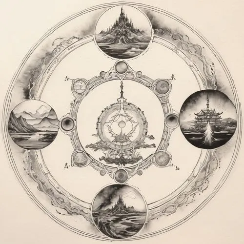 dharma wheel,alethiometer,cosmography,lunar phases,bontekoe,harmonia macrocosmica,five elements,spheres,symmetries,geocentric,phase of the moon,copernican world system,sigillum,orrery,planetary system,mandala framework,copernican,heliocentric,trigrams,silmarils,Illustration,Paper based,Paper Based 30