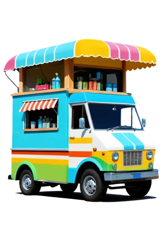 Colorful ice cream truck, cheerful music playing, rounded body, bright colors, striped awning, wooden serving counter, metal handlebars, chrome wheels, sunny day, clear blue sky, soft focus, shallow d