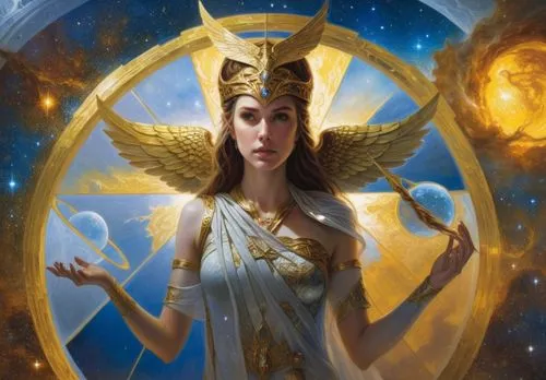 an ancient woman with a golden headpiece and wings,estess,asherah,priestess,inanna,metatron,prospera,Illustration,Realistic Fantasy,Realistic Fantasy 03