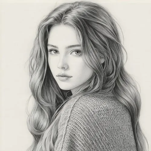 女孩，毛衣，白色背景，长发，黑白，素描,a black and white drawing of a woman,charcoal pencil,pencil drawing,moretz,pencil drawings,graphite,charcoal drawing,Illustration,Black and White,Black and White 13