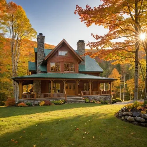 Vermont country house, autumn afternoon, Aaron architectural style, wooden exterior, stone chimney, green roof, dormer windows, rustic door, lantern lighting, surrounded by fall foliage, birch trees, 