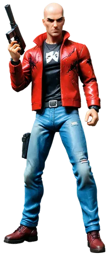 Bald adult wearing Red Jacket with blood splatter on it, Ripped blue jeans,  holding a weapon, Plastic  action figure texture, Display toy box, high quality, grunge, red and white color, 8K, G.I Joe, 