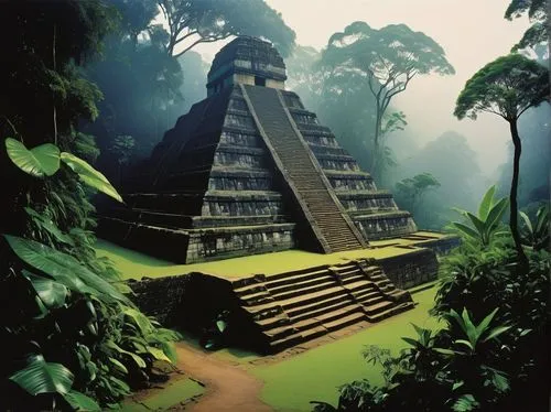 Ancient Mesoamerican temple, Olmec style, stone structures, intricate carvings, jungle surroundings, vines crawling up walls, misty atmosphere, warm lighting, dense foliage, exotic plants, mysterious 