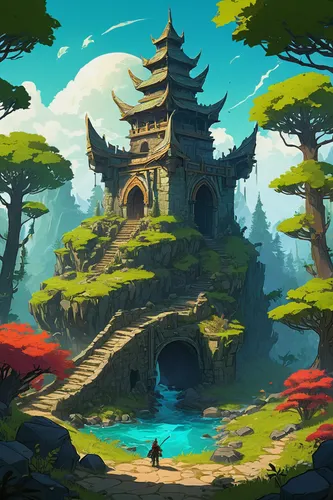 shrine,ancient city,japanese shrine,fantasy landscape,bird kingdom,mushroom island,wishing well,ancient buildings,stone pagoda,world digital painting,backgrounds,japanese background,pagoda,mushroom landscape,hanging temple,game illustration,ancient,monkey island,high landscape,an island far away landscape,Illustration,Paper based,Paper Based 19