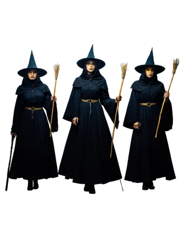 Witches, group, night scene, mystical atmosphere, pointed hats, broomsticks, black robes, golden embroidery, wands, glowing eyes, dramatic lighting, dark background, misty fog, 3/4 composition, cinema