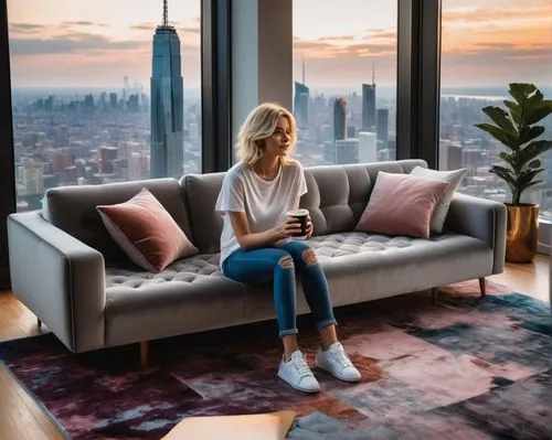 apartment lounge,sky apartment,livingroom,blonde woman reading a newspaper,the living room of a photographer,penthouses,living room,dubai,above the city,shared apartment,dubia,city view,overlooking,great room,loft,with a view,smartsuite,window view,hudson yards,modern minimalist lounge,Illustration,Paper based,Paper Based 07