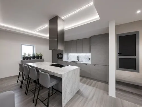 cucina in stile moderno con top e rivestimento in marmo bianco con strisce grigie opaco, piano induzione in vetro nero, cappa in acciaio ,pensili in grigio effetto cemento, lavello in acciaio, pavimen