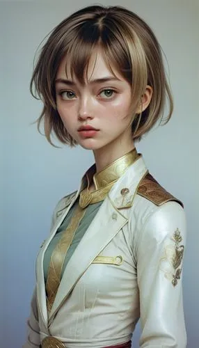 no background, anime, short hair, fit woman, big eyes, big lips,muscle woman, complete armor,a woman is dressed in a white suit and gold trimming,khnopff,yuanpei,tonghe,kazzia,zhui,cassandra,Illustrat