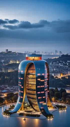 an impressive architectural design of a futuristic building, possibly inspired by the form of a peeled banana. The building features sweeping, curved structures that resemble the elegant, elongated pe