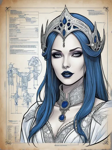 blue enchantress,ice queen,the snow queen,winterblueher,celtic queen,sorceress,zodiac sign libra,artemisia,game illustration,violet head elf,fantasy portrait,witch's hat icon,arcanum,sterntaler,edit icon,priestess,elza,horoscope libra,crown render,white rose snow queen,Unique,Design,Blueprint