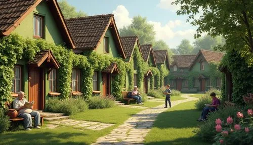 cottages,townhomes,escher village,knight village,aurora village,wooden houses,kleinburg,townhouses,ecovillages,sylvania,riftwar,huneck,alpine village,netherwood,maplecroft,boardinghouses,nargothrond,ecovillage,streamwood,village scene,Photography,General,Realistic